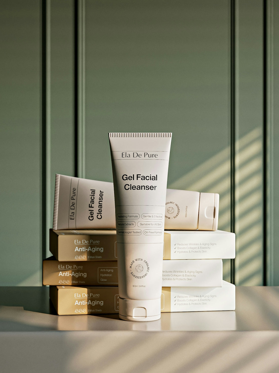 Skincare products arranged on a table
